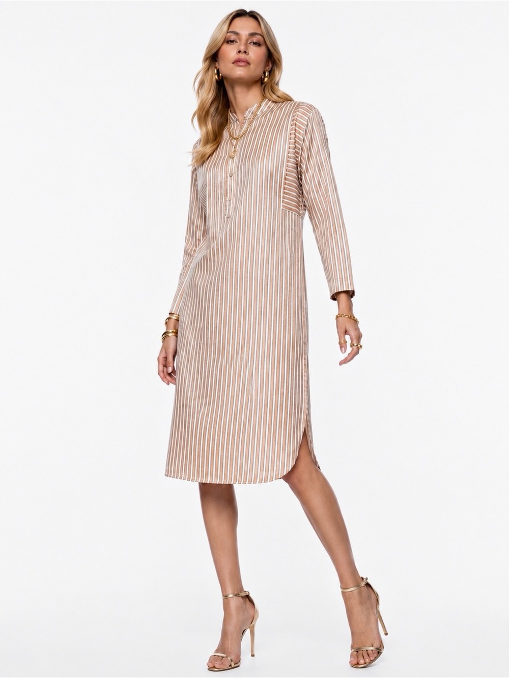 ORIENT 499 Collarless Long Sleeve Silk Striped Tan & Beige Midi Shirt Dress